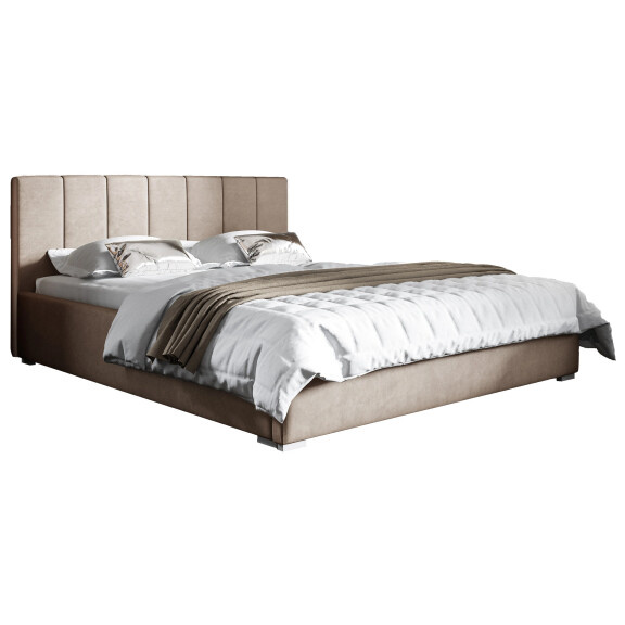 Łóżko tapicerowane 160x200 z pojemnikiem i materacem Ledo Beżowe Metalowy Stelaż