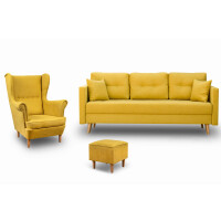 Zestaw mebli skandynawskich do salonu kanapa z fotelem i pufą Żółty