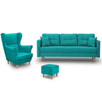 Zestaw mebli skandynawskich do salonu kanapa z fotelem i pufą Turkusowy