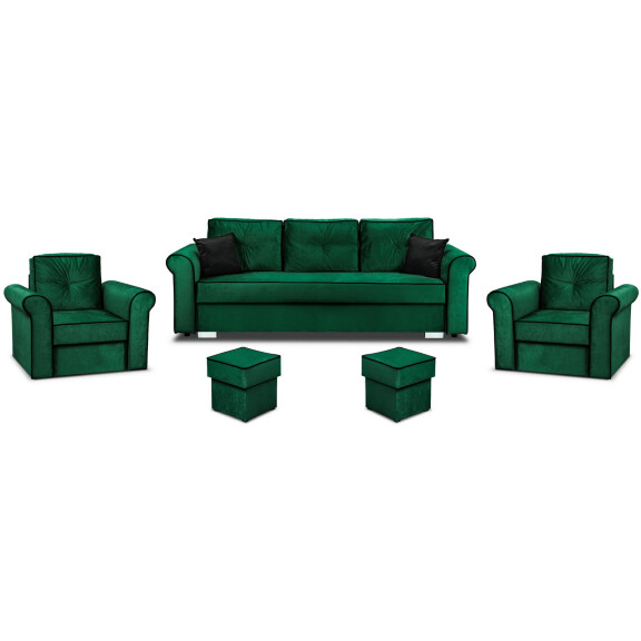 Zestaw wypoczynkowy do salonu Merida Sofa + 2 Fotele z Podnóżkami Ciemny Zielony