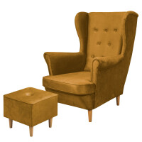 Zestaw skandynawski Fotel uszak Floki z podnóżkiem Złoty