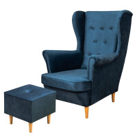 Zestaw skandynawski Fotel uszak Floki z podnóżkiem Granatowy