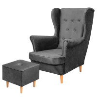 Zestaw skandynawski Fotel uszak Floki z podnóżkiem Grafitowy