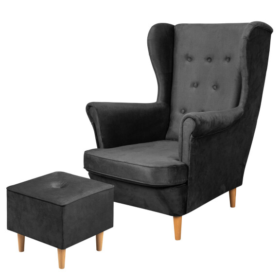 Zestaw skandynawski Fotel uszak Floki z podnóżkiem Antracytowy