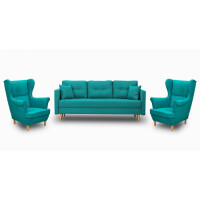 Komplet wypoczynkowy skandynawski do salonu sofa i 2 fotele Turkusowy