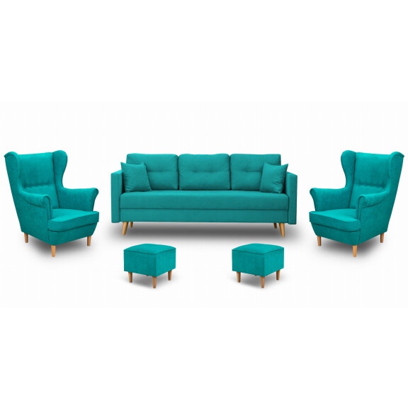 Komplet wypoczynkowy skandynawski do salonu sofa + 2 fotele z podnóżkami Turkusowy