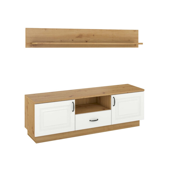 Szafka pod telewizor Flawia WHAR RTV 2D 1S z półką wiszącą Biały/Dąb Artisan