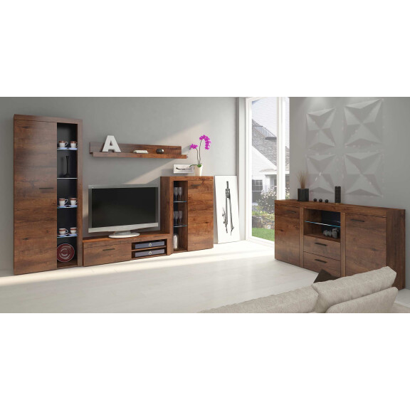 Meblościanka do salonu Rumba DL01 z komodą DL20 2D 2S Dąb Lefkas + LED