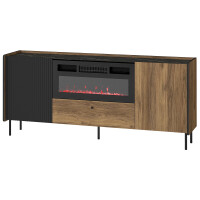 Komoda 180 cm z szufladą i kominkiem elektrycznym Prestigo P16 Czarna/Orzech/San Sebastian