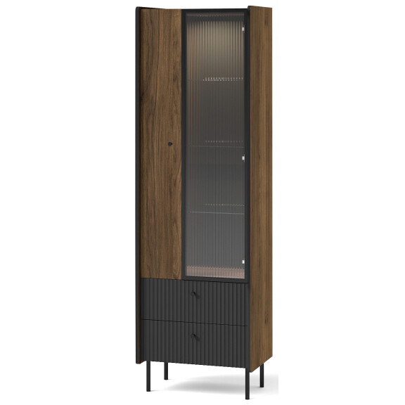 Witryna szklana z szufladami do salonu Prestigo P3 1D1W2S + LED Czarna/Orzech/San Sebastian