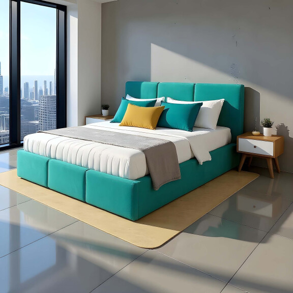 Łóżko małżeńskie tapicerowane z pojemnikiem VELORA 180x200 turkus