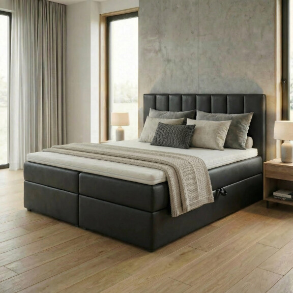 Łóżko kontynentalne 160x200 SONNO BELLO z 2 pojemnikami czarne eko skóra