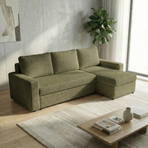 Narożnik z funkcją spania do salonu NIRVANA PLUS gruby sztruks zielony
