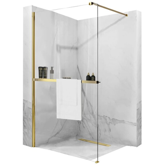 Złota szczotkowana ścianka prysznicowa z półką i wieszakiem 100 cm Aero Gold Evo Rea