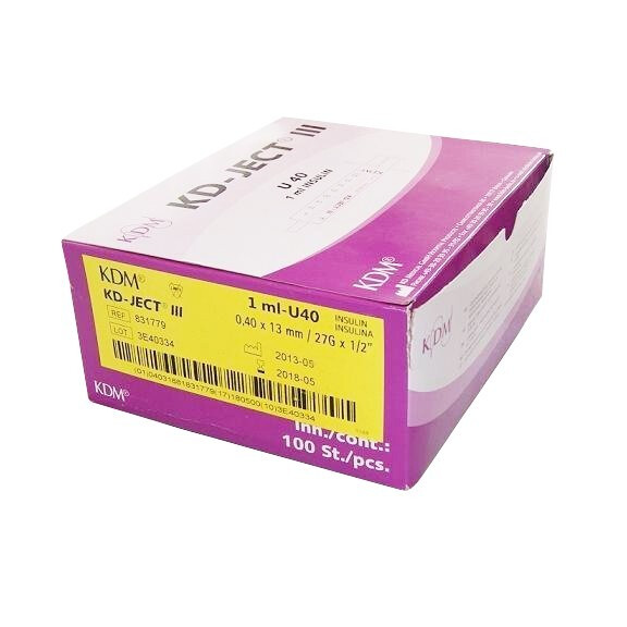 KDM KD-Ject III Inzulínová striekačka s ihlou 100 ks. 1 ml 27G 0,4 x 13 mm U-40
