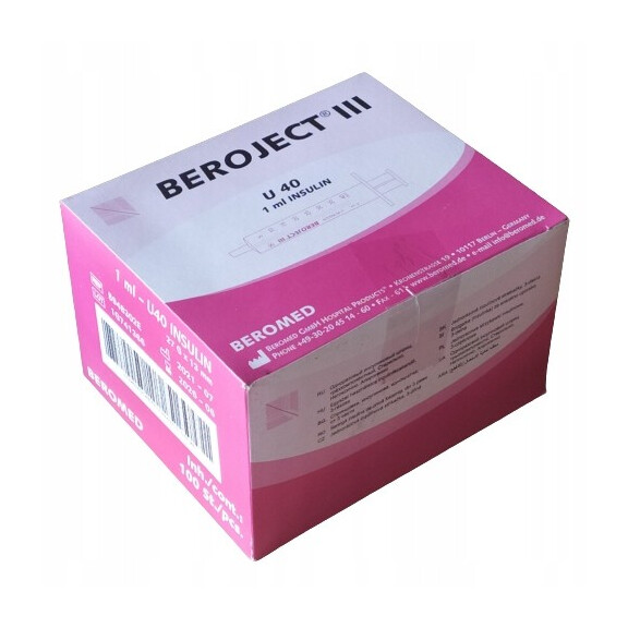 Beromed Inzulínové striekačky s ihlou Beroject III 100 ks. 1 ml 27G 0,4 x 13 mm U-40