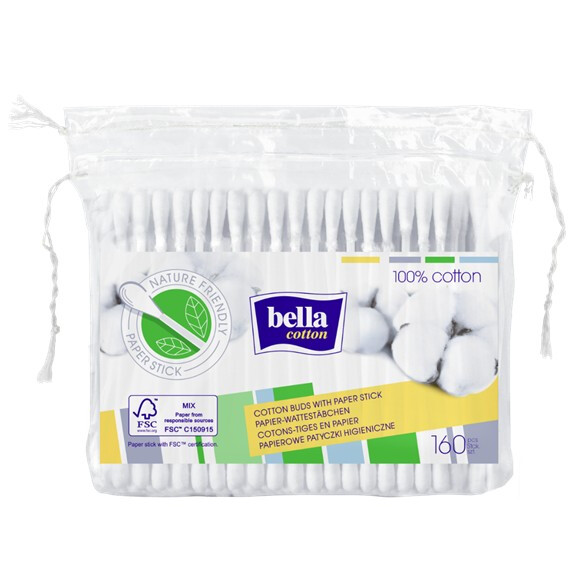 Bella Cotton Papierové vatové tyčinky na čistenie uší v balení 160 ks Fólia