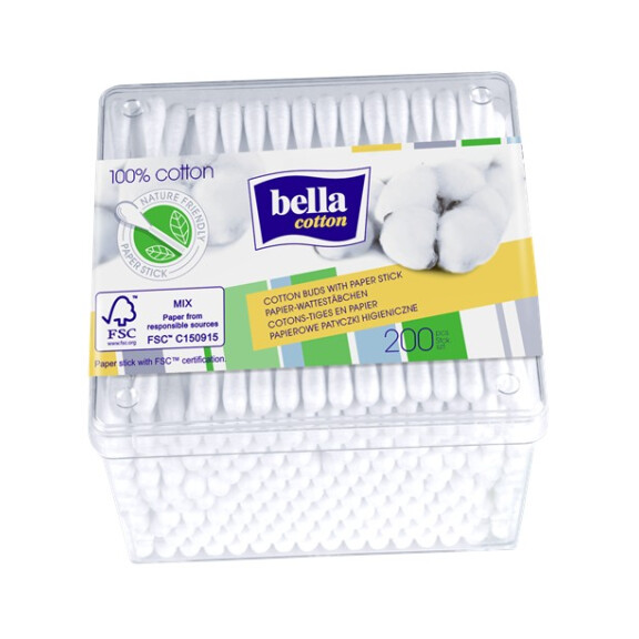 Bella Cotton Papierové vatové tyčinky na čistenie uší v balení 200 ks Štvorcová krabica