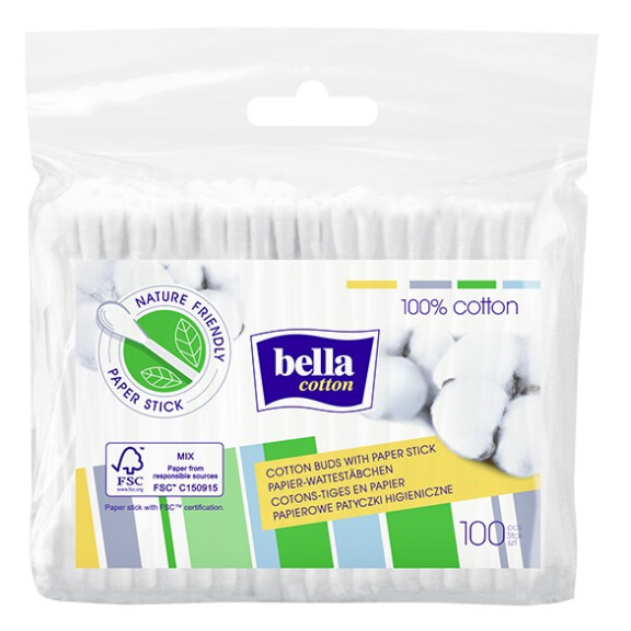 Bella Cotton Papierové vatové tyčinky na čistenie uší v balení 100 ks Fólia