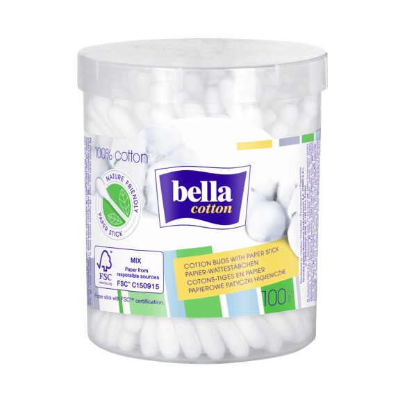 Bella Cotton Papierové vatové tyčinky na čistenie uší v balení 100 ks Okrúhla krabica