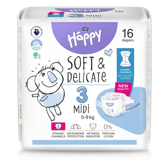 Bella Baby Happy Soft&Delicate plienky Midi 3 pre deti 5-9 kg 16 ks