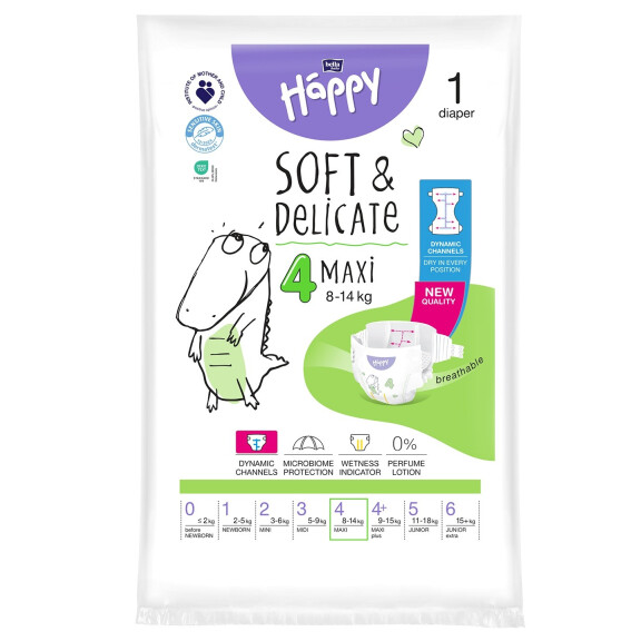 Bella Baby Happy Soft&Delicate plienky Maxi 4 pre deti 8-14 kg s indikátorom vlhkosti 1 ks