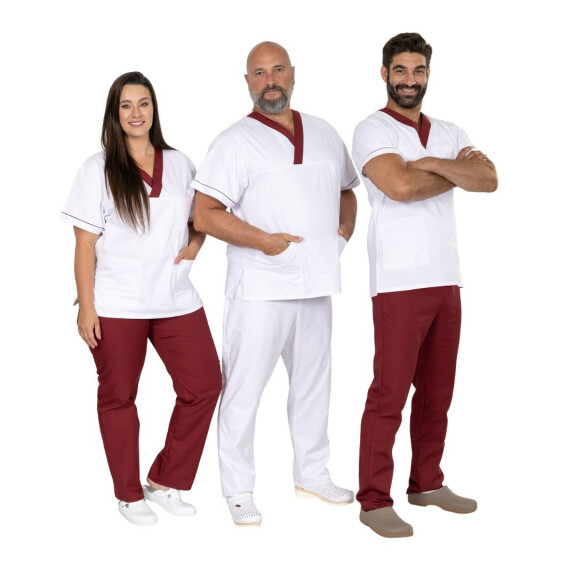 Matopat MEDIFIT Biela zdravotnícka blúza unisex model 36, s bordovým lemovaním L/170-176