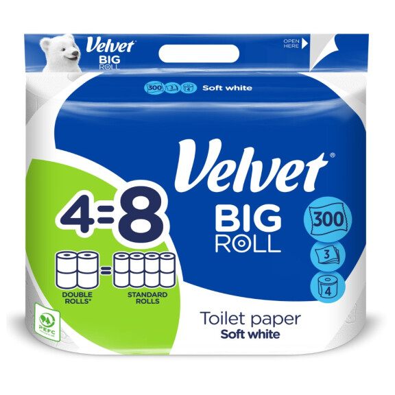 Velvet Toaletný papier ecoROLL Biely 3-vrstvový 4 ks.