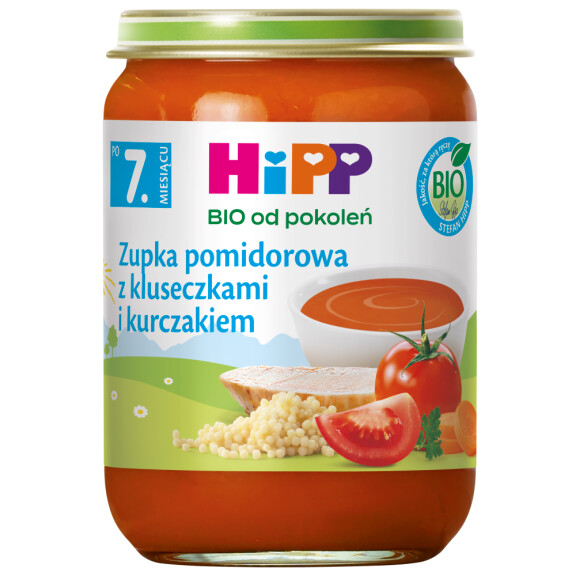 HiPP BIO Od Pokoleń Zupka Pomidorowa Z Kluseczkami i Kurczakiem 7Mc 190g
