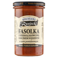 Fasolka z kiełbasą jałowcową i boczkiem wędzonym w sosie pomidorowym 470g