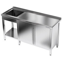 Table en acier inoxydable avec évier 1 bac et placard 220x60x85 cm | FORGAST