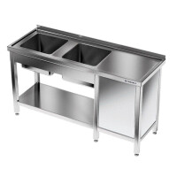Table en acier inoxydable avec évier à 2 cuves 140x70x85 cm | FORGAST