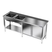 Table en acier inoxydable avec évier à 2 bacs 260x70x85 cm | FORGAST