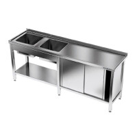 Table inox avec évier à 2 cuves 260x60x85 cm | FORGAST