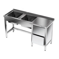 Table en acier inoxydable avec évier à 2 cuves 240x70x85 cm | FORGAST