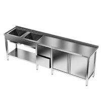 Table en acier inoxydable avec évier à 2 cuves 280x60x85 cm | FORGAST