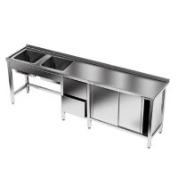 Table inox avec évier à 2 cuves 270x60x85 cm | FORGAST