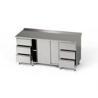 Table de travail en inox avec placard et 2 blocs de 3 tiroirs 210x60x85 cm | FORGAST