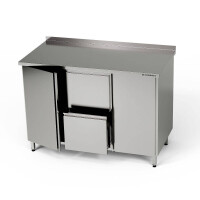 Table de travail en acier inoxydable avec 2 placards et un bloc de 2 tiroirs 120x60x85 cm | FORGAST