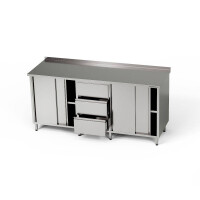 Table de travail en acier inoxydable avec 2 placards et un bloc de 3 tiroirs 230x60x85 cm | FORGAST