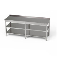 Table de travail en acier inoxydable avec deux étagères 240x60x85 cm | FORGAST