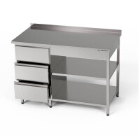 Table de travail en acier inoxydable avec bloc de tiroirs et deux étagères 120x60x85 cm | FORGAST