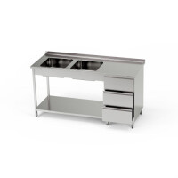 Table inox avec évier à 2 cuves et bloc de 3 tiroirs et étagère 210x60x85 cm | FORGAST