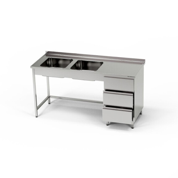 Table en acier inoxydable avec évier à 2 cuves et bloc de 3 tiroirs 240x70x85 cm | FORGAST