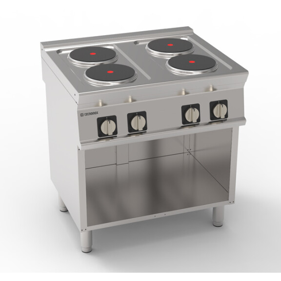 Cuisinière gastronomique électrique 4 plaques Ø 22 cm avec soubassement ouvert | TECNOINOX 716010