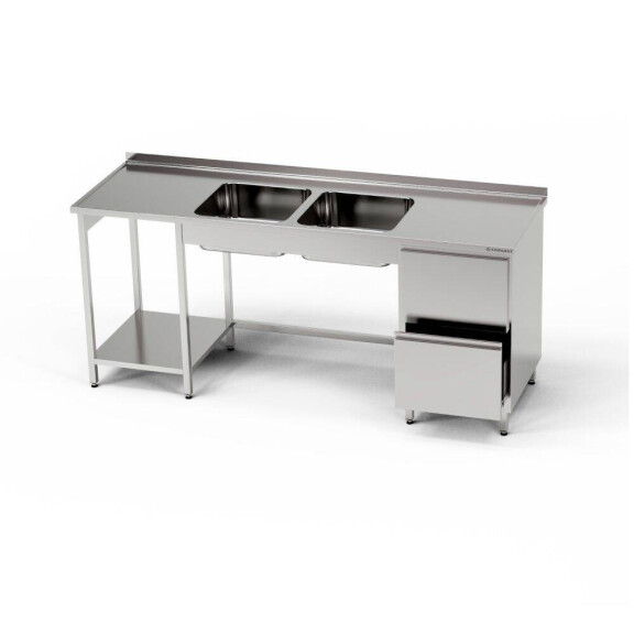 Table inox avec évier 2 bacs et bloc de 2 tiroirs 270x70x85 cm | FORGAST