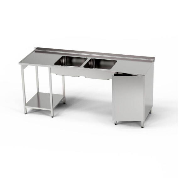 Table en acier inoxydable avec évier à 2 bacs et placard 190x60x85 cm | FORGAST