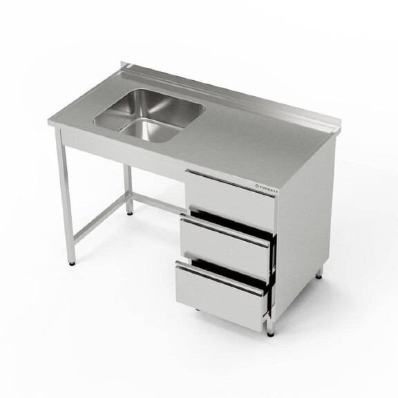 Table inox avec évier 1 bac et bloc de 3 tiroirs 170x60x85 cm | FORGAST