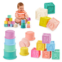 B.TOYS Stackin’ Squishies – miękkie kubeczki i klocki sensoryczne 2w1 (17 el., 6m+)