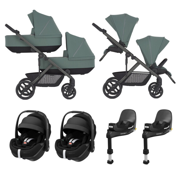 Anex Modu Double wózek dziecięcy dla bliźniąt zestaw 2x gondola 2x spacerówka 2x fotelik 0-13 kg Maxi Cosi Pebble Pro2 2x baza isofix / Greeny